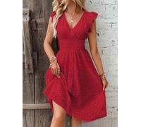 Womens Regular Length Hollow-out Dress with V-neck Opening Lotus-leaf Sleeves and Soft Polyester Fabric for Layered Looks (M Wine)