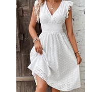 Womens Regular Length Hollow-out Dress with V-neck Opening Lotus-leaf Sleeves and Soft Polyester Fabric for Layered Looks (S White)