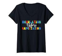 Womens Regulation Before Expectation Autism Special Education V-Neck T-Shirt