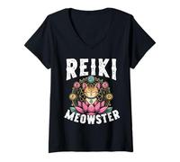 Womens Reiki Meowster Cat Chakra Meditation Lotus Healing V-Neck T-Shirt