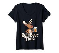 Womens Reinbeer TIME Holiday Reindeer Cheers Beer Lovers Christmas V-Neck T-Shirt