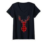 Womens Reindeer Christmas Buffalo Plaid Deer Holiday V-Neck T-Shirt