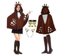 Women's Reindeer Costume, Brown Deer Cape, Headbands with Ears, Reindeer Face Tattoos, Reindeer Skirt Set, Tutu Skirt for Carnival Costume Theme Party Halloween Cosplay (with Cap)