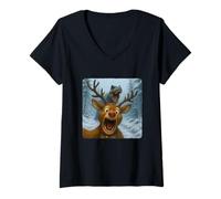 Womens Reindeer Selfie T-Rex Dinosaur Chase Funny Humor V-Neck T-Shirt