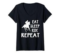 Womens Reiter Spruch Eat Sleep Ride Repeat Pferd Reiten V-Neck T-Shirt