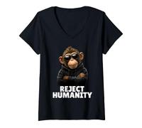 Women's Reject Humanity Funny Monkey in Sunglasses & Leather Jacket V-Neck T-Shirt