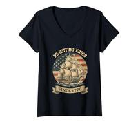 Womens Rejecting Kings Since 1776 4 of July Sailboat American Flag V-Neck T-Shirt