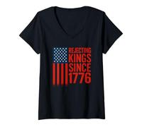Womens Rejecting Kings Since 1776 Distressed American Flag Patrioti V-Neck T-Shirt