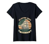 Womens Rejecting Kings Since 1776 Patriotic American Vintage Flag V-Neck T-Shirt