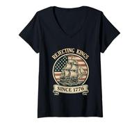 Womens Rejecting Kings Since 1776 Patriotic American Vintage Flag V-Neck T-Shirt
