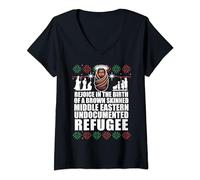 Womens REJOICE IN BIRTH UNDOCUMENTED REFUGEE Ugly Christmas Meme V-Neck T-Shirt