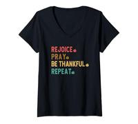 Womens Rejoice, Pray, Be Thankful, Repeat Christian Attire V-Neck T-Shirt