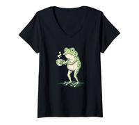 Women's Relatable Frog with Coffee Funny Morning Meme Mood Design V-Neck T-Shirt