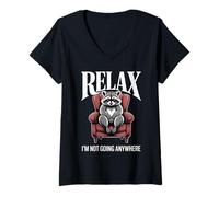 Women's Relax I'm Not Going Anywhere Raccoon V-Neck T-Shirt