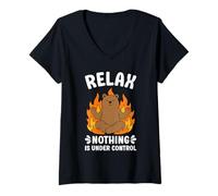Women's Relax Nothing is Under Control Funny Bear V-Neck T-Shirt
