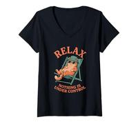 Women's Relax Nothing is Under Control Lazy Cat Vintage Funny V-Neck T-Shirt