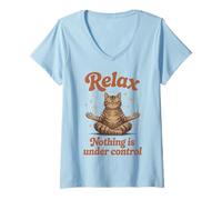 Women's Relax Nothing is Under Control Zen Tabby Cat Graphic V-Neck T-Shirt