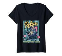Women's Relax Nothing Under Control Funny Raccoon Camping Vacation V-Neck T-Shirt