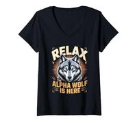 Women's Relax the Alpha Wolf is Here Wolves Pack V-Neck T-Shirt