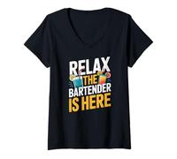 Women's Relax The Bartender is Here Funny Bartending Quote V-Neck T-Shirt