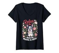 Women's Relax the Bostie Mama is Here Boston Terrier Dog V-Neck T-Shirt