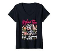 Women's Relax the Scottie Mom is Here Scottish Terrier Dog V-Neck T-Shirt