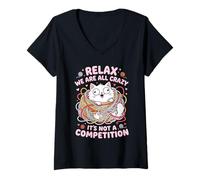 Women's Relax We are All Crazy Funny Cat Yarn V-Neck T-Shirt