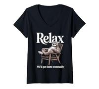 Women's Relax We'll Get There Eventually Sloth Lounge V-Neck T-Shirt
