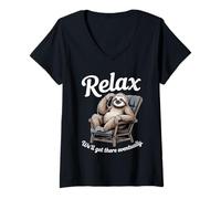 Women's Relax We'll Get There Eventually Sloth Lounge V-Neck T-Shirt