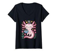 Womens Relaxed Axolotl with Coffee Cup Kawaii Cute Stars V-Neck T-Shirt