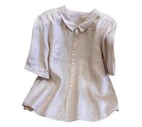 Women's Relaxed Fit 3/4 Sleeve Cotton-Linen Blend Shirt,Breathable Summer Casual Button-Down Top with Utility Pocket,Wrinkle-Resistant Boho Blouse in Solid Colors Khaki