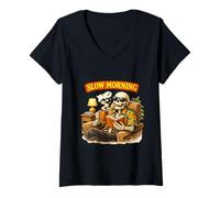Women's Relaxed Morning Retro Humor Skeleton Design V-Neck T-Shirt