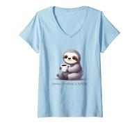 Women's Relaxed Sloth Enjoying Coffee Art V-Neck T-Shirt