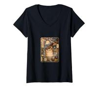 Women's Relaxing Cat Onsen Mount Fuji Sakura Japanese V-Neck T-Shirt