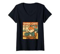 Womens Relaxing Shiba Café Moment - Cozy Retro Dog Art V-Neck T-Shirt