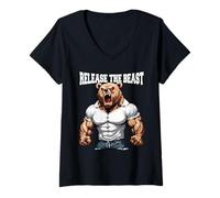 Women's Release The Beast Bodybuilder Grizzly Bear Weightlifter V-Neck T-Shirt