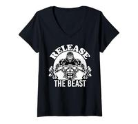 Women's Release The Beast, Weight Lifter Gym Strong Man Body Builder V-Neck T-Shirt