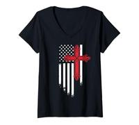 Womens Religious Catholic Cross American USA Flag V-Neck T-Shirt