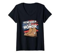 Womens Remember And Honor Proud Veteran Dad Retro Veteran Shirt V-Neck T-Shirt