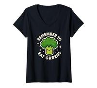 Womens Remember to Eat Greens Cute Broccoli Character V-Neck T-Shirt