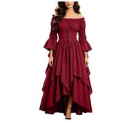 Women's Renaissance Corset Dress - Off Shoulder Lace Up Medieval Costume - Gothic Bell Sleeve High Low Skirt Gown - Victorian Halloween Cosplay Outfit for Adults (S)