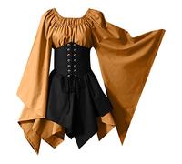 Womens Renaissance Costume Medieval Dress Elf Fairy Irish Victorian Gothic Dress with Corset Lace Up Halloween Costume