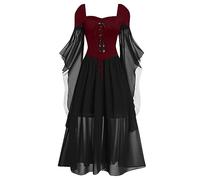 Women's Renaissance Costume Trumpet Sleeve Chemise Boho Set Halloween Dress Cold Shoulder Butterfly Sleeve Dress, 4 Wine , Small