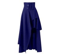 Women's Renaissance Maxi Skirt Elastic High Waist Medieval Skirt Women's Steampunk Skirt Victorian Pirate Skirt Drawstring Ruffle Vintage Long Skirts, darkblue, M