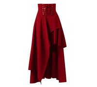 Women's Renaissance Maxi Skirt Elastic High Waist Medieval Skirt Women's Steampunk Skirt Victorian Pirate Skirt Drawstring Ruffle Vintage Long Skirts, red, XL