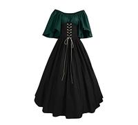 Womens Renaissance Medieval Costumes Vintage Irish Corset Dress Flare Sleeves Gothic Gown Off Shoulder Over Dress, Green, S