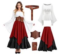 Women's Renaissance Pirate Costume,Steampunk Victorian Costume for Women | Medieval Fancy Dress Outfit,Pirate Costume Set,Women Off Shoulder Skirt Corset Belt Set