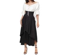 Women's Renaissance Set with Button Placket Skirt and Strapless Top, Vintage Style Two Piece with Wide Hem, Vintage Steampunk Victorian Goth Skirt for Halloween, Carnival, Cosplay, black, S