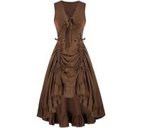 Womens Renaissance Steampunk Dress Lace Drawstring Hem High Low Medieval Dresseslace Up High Low Dresses Halloween Pirate Costume Maxi Gothic Victorian Dress Brown XL