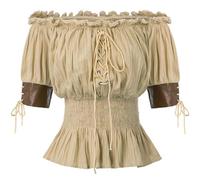 Womens Renaissance Tops Gothic Corset Pirate Top Medieval Shirt Square Neck Short Sleeve Elastic Waist Blouse Beige